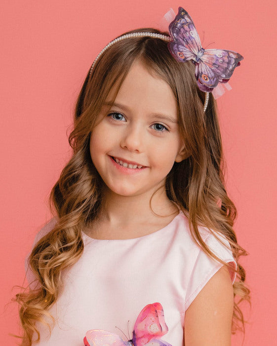 Bentiță cu Perle, Fluturaș 3D și Tulle Roz