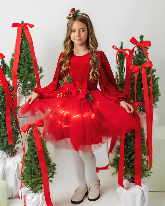 Rochița Rosie de Catifea Craciunita,Tutu, de Craciun cu luminite minunata