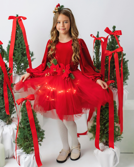 Rochița Rosie de Catifea Craciunita,Tutu, de Craciun cu luminite minunata