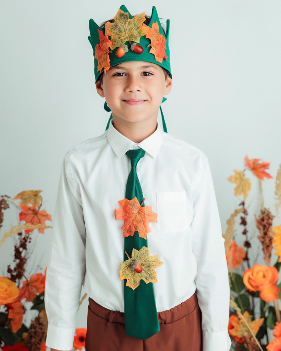 Costum Regele Toamnei, 2 piese, coroana si cravata, Verzi