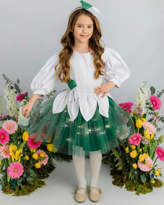 Rochița Ghiocel / floare albă, mărgăritar, lăcrămioară,  cu Luminițe, Serbare 2025