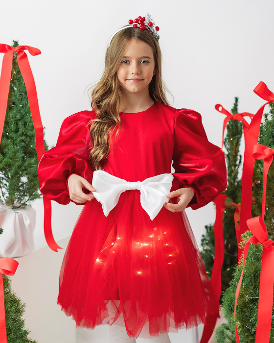 Rochita cu Luminite rosie cu fundita Alba,  Iubirea de Craciun