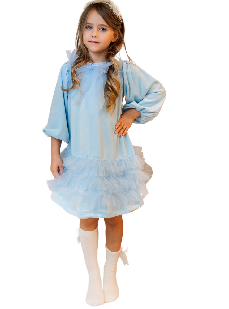 Rochița cu Luminițe, de catifea Bleu cu volănașe de tulle