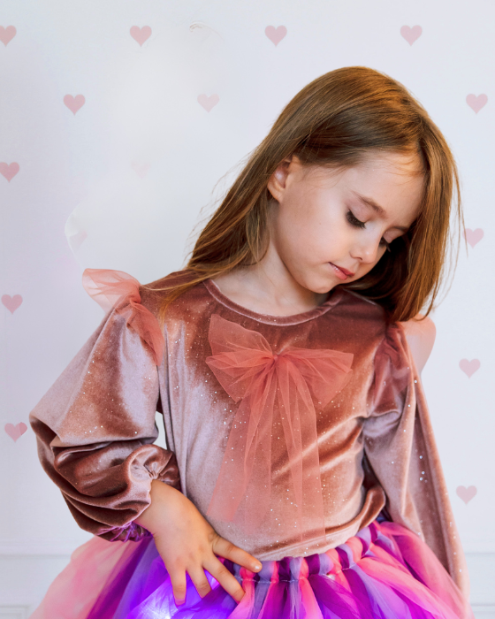 Bluzița de Catifea cu Sclipici ROZcu Mânecă Bufantă