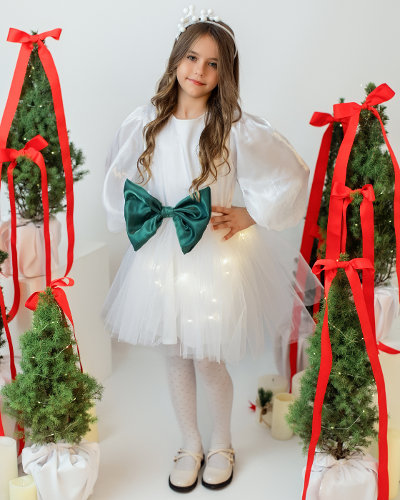 Rochita cu Luminite Alba cu fundita Verde, Craciuneasca