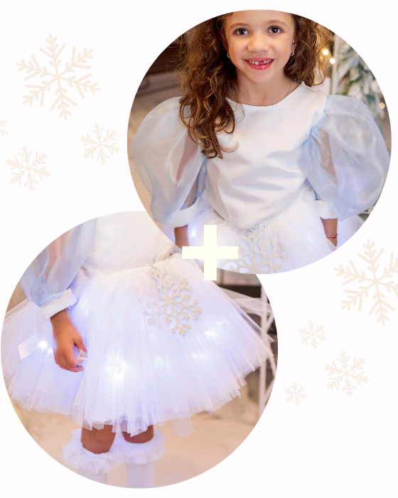 Costum Alb, Fustiță cu Luminițe Albă + Bluzița Albă Mâneci Bufante, Serbare