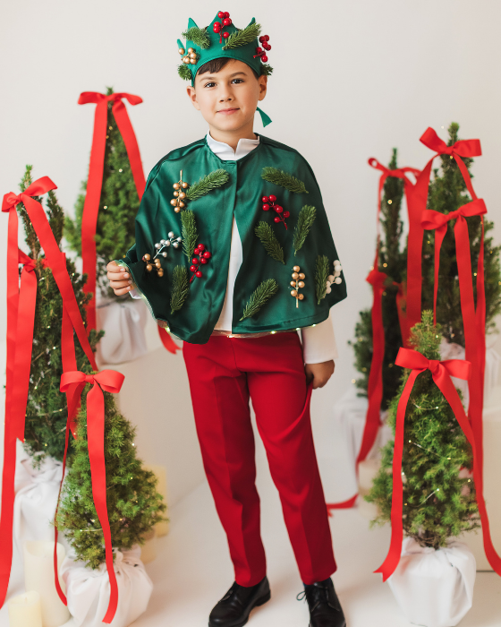 Costum 3 Piese, Verde-Rosu, Spiridus, pantaloni + pelerina + coroana