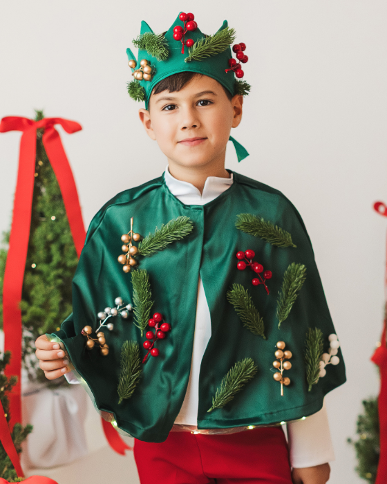 Costum 3 Piese, Verde-Rosu, Spiridus, pantaloni + pelerina + coroana