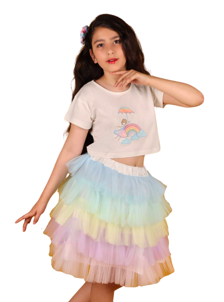 Compleu, Fustiță + Bluziță Curcubeu, Tulle si Bumbac, 10-12 ani