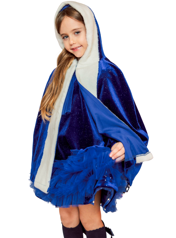 Pelerină de Carnaval de Prințesa, cu Glugă și Blăniță, Albastru Regal cu Sclipici