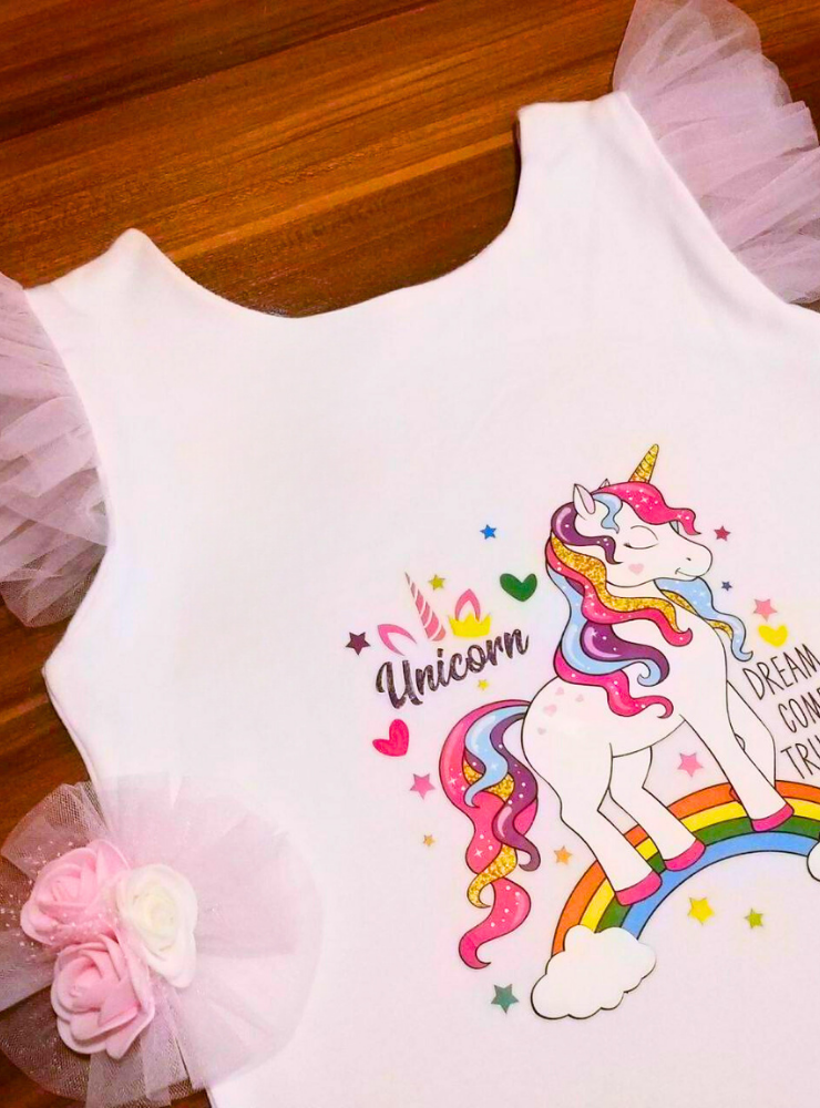 Compleu Unicorn Curcubeu, Fustiță + Bluziță + Accesoriu Păr