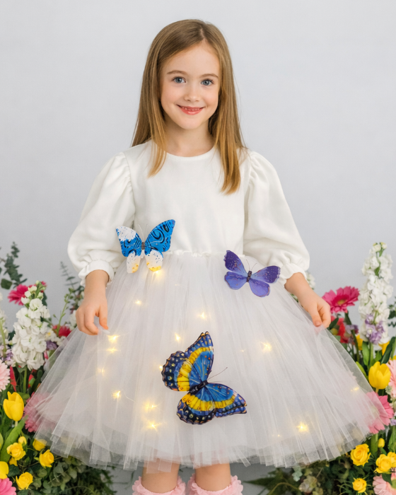 White Dress with Lights, with Blue Butterflies