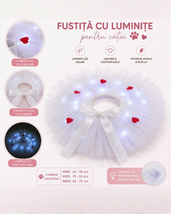 Fustita cu Luminite Alba, Talie Medie, pentru Caine