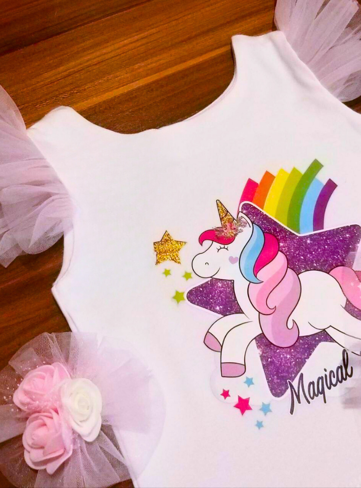 Compleu Unicorn Curcubeu, Fustiță + Bluziță + Accesoriu Păr