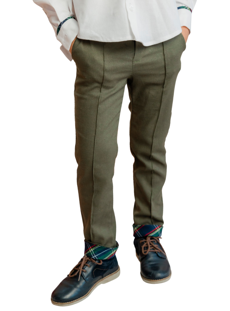 Pantaloni verzi de in cu manșeta verde, de Craciun pentru baieți