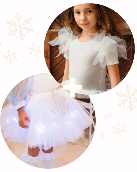 Costum Alb, Fustiță cu Luminițe Albă + Body Alb cu Tulle