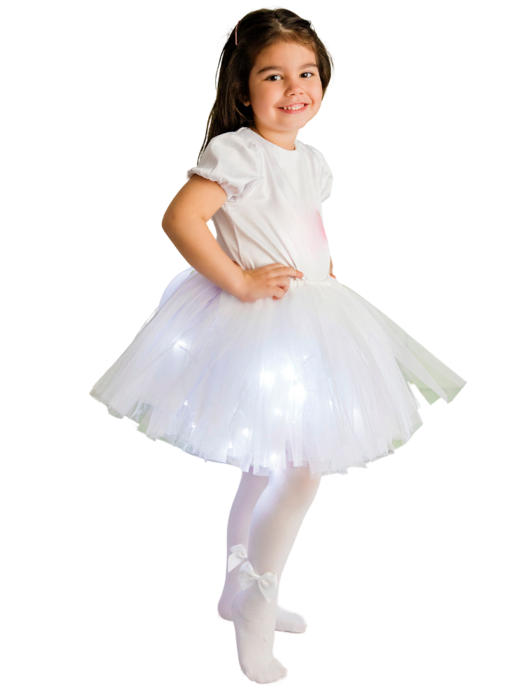 Costum Alb, Fustiță cu Luminițe Albă + Bluzită Saten Alb, Serbare