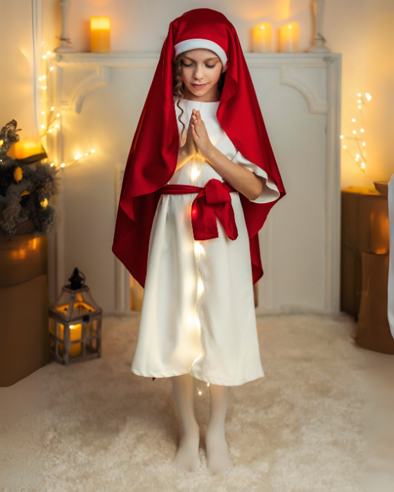 Costum de Maica Domnului Fecioara Maria, 3 Piese, cu Luminițe, Roșu, Serbare, Grădiniță / Școală