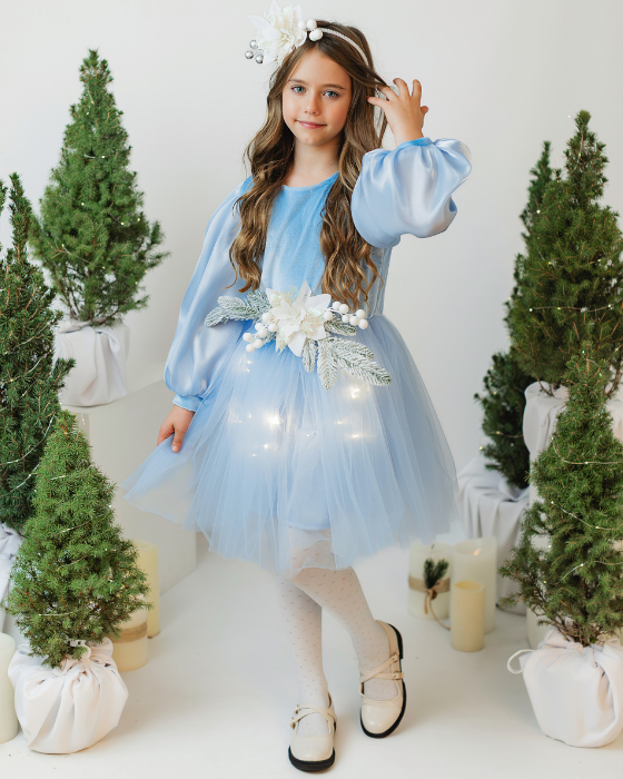 Rochita cu Luminite Bleu, Regina Iernii decorata cu brad nins, de Craciun / Iarna