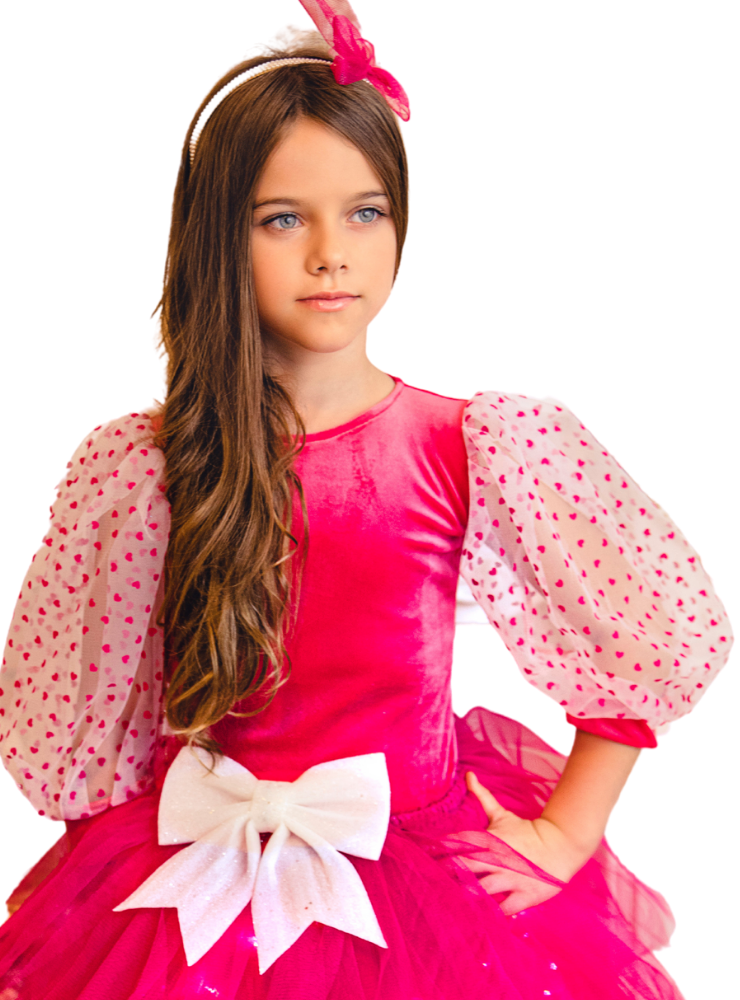 Body Roz Bonbon din Catifea Soft, cu Mâneci Bufante