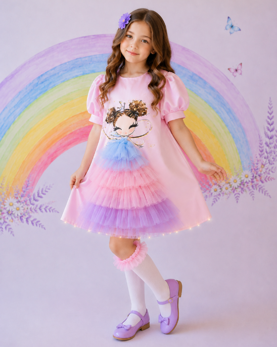 Rochița Magică a Printesei Roz cu tulle Curcubeu