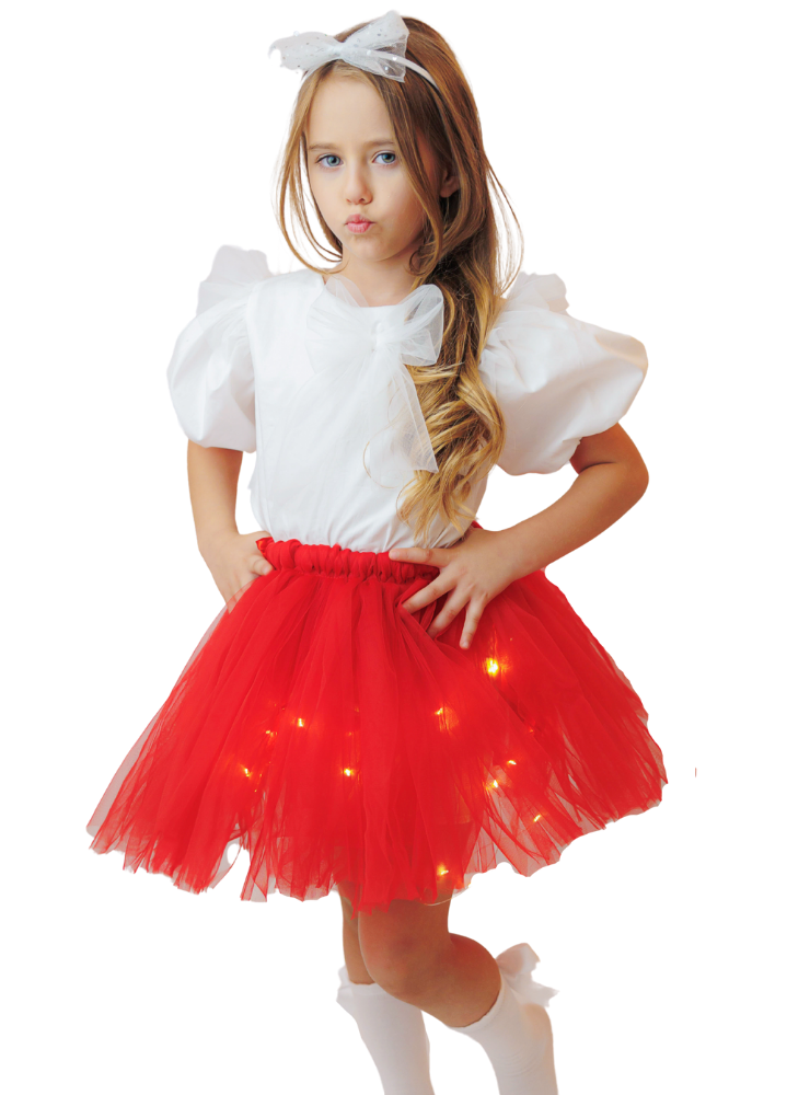 Compleu Alb-Roșu, Fustiță cu Luminițe Roșie + Bluziță Bumbac Albă, Scufița Roșie