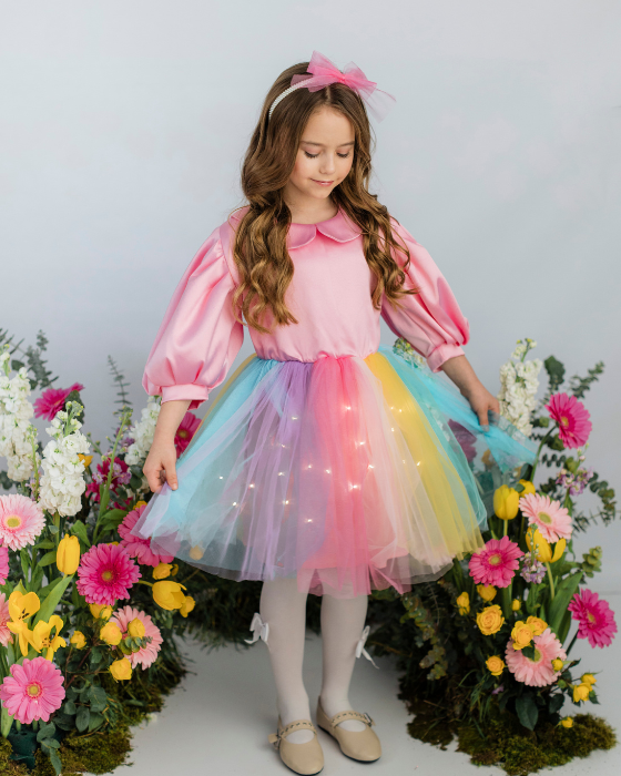 Rochița Curcubeu cu bust Roz cu Luminițe, 7-9 ani