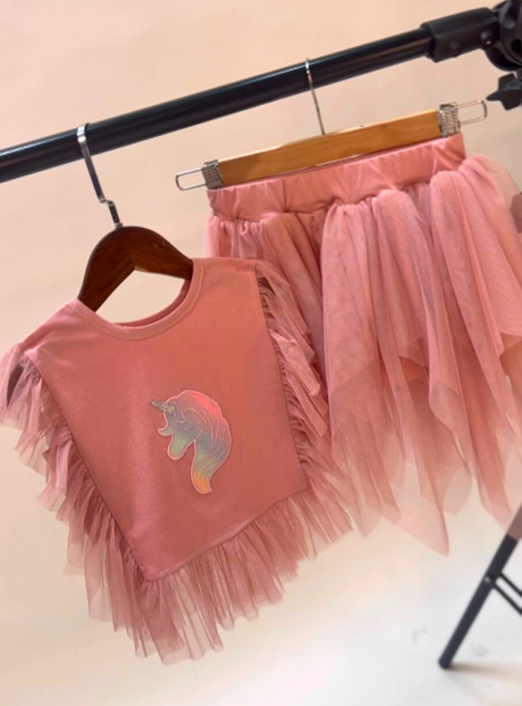 Compleu Roz Lejer și Bumbăcos, Fustiță + Bluziță, 2-3 ani (92-98 cm)