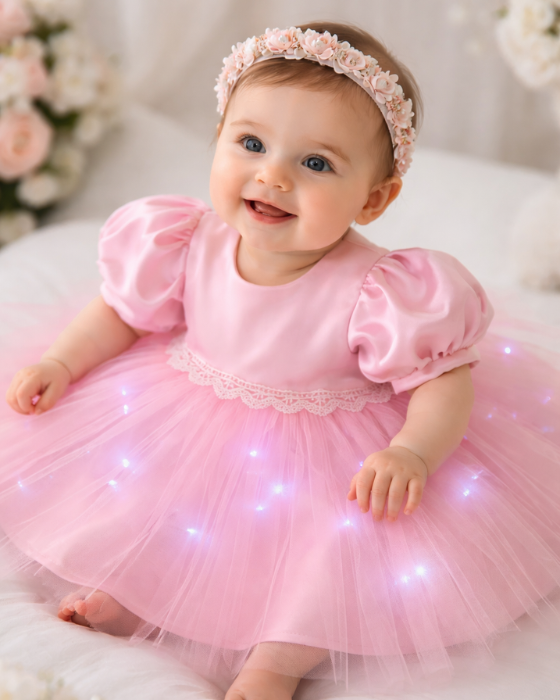 Set de Botez cu Luminite, Roz, 3 piese