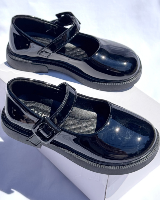 Pantofiori Negri Speciali, De Școală, cu catarama, tapla pufoasa