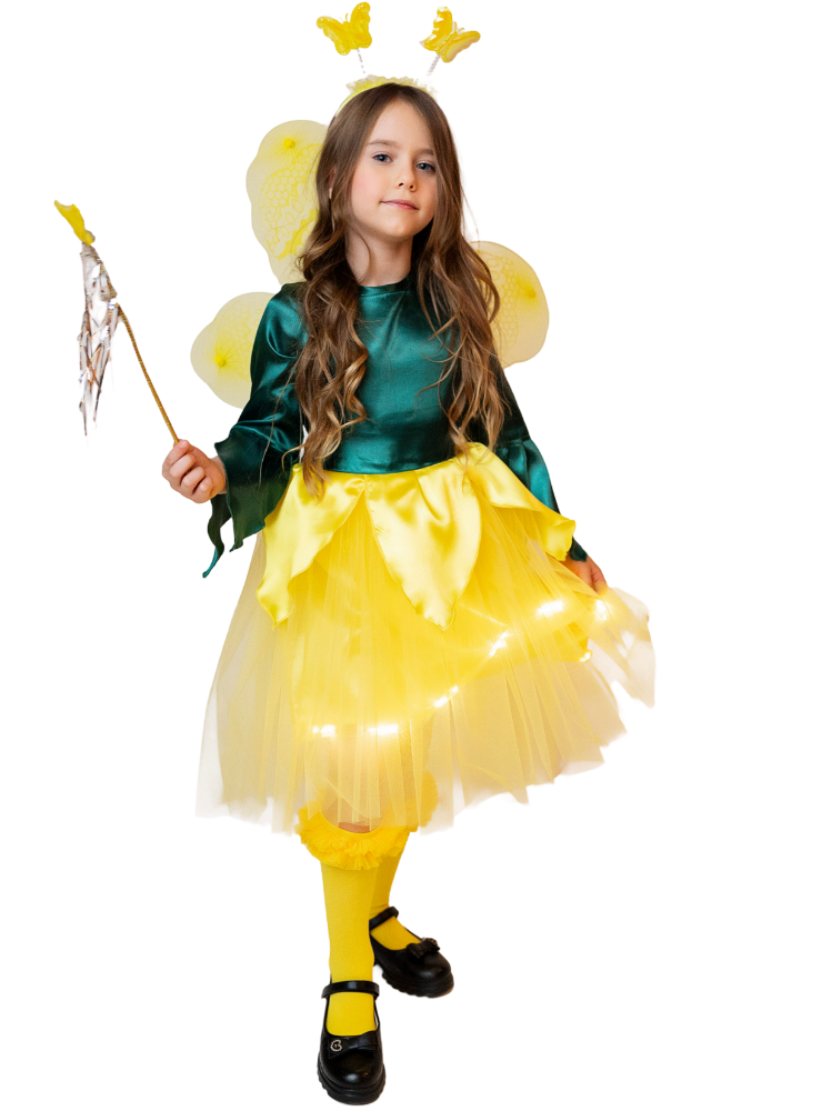 Costum cu Luminițe Floare Galbenă de Primăvară, Serbare, Păpădie, 4 Piese Rochiță + Accesorii