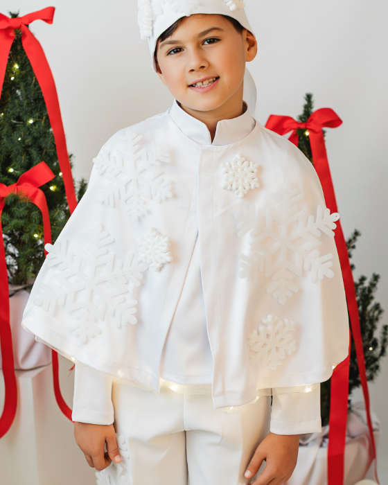 Costum Fulg de nea 2 piese, ALB , pelerina + coroana pentru serbare iarna