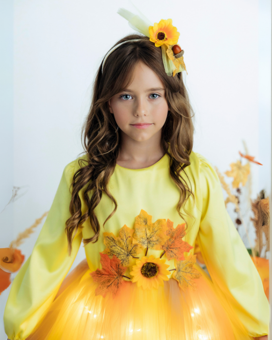 Tutu Dress with Lights, Yellow with Autumn Flowers and Leaves, Fall 2025