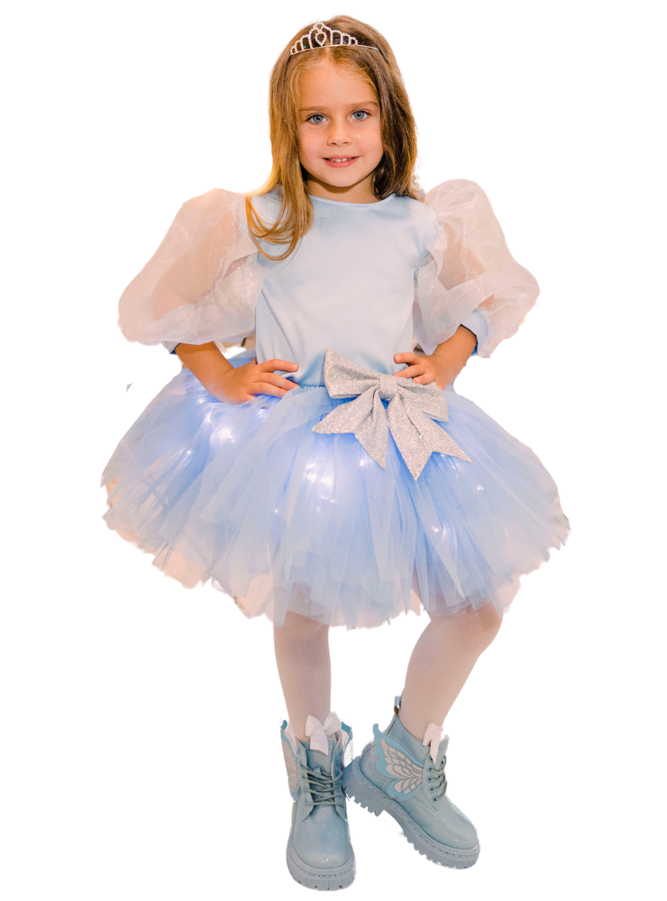 Compleu Bleu, Fustiță + Bluziță + Diademă, Cu Luminite de Printesa