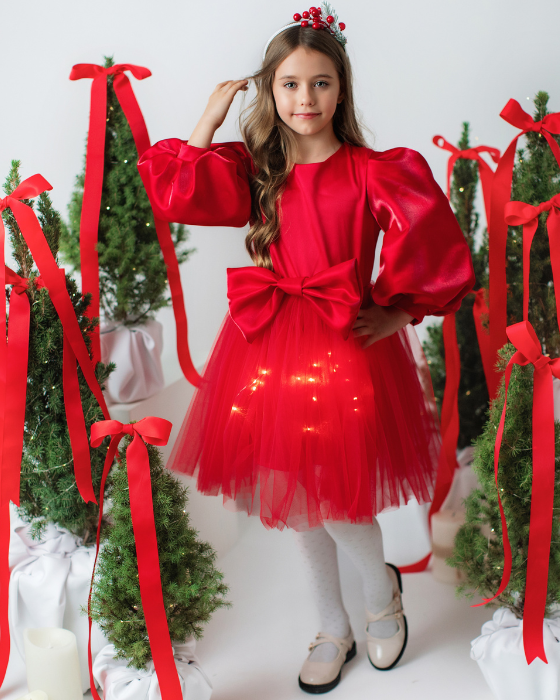 Rochita cu Luminite rosie cu fundita rosie, Bucuria Craciunului