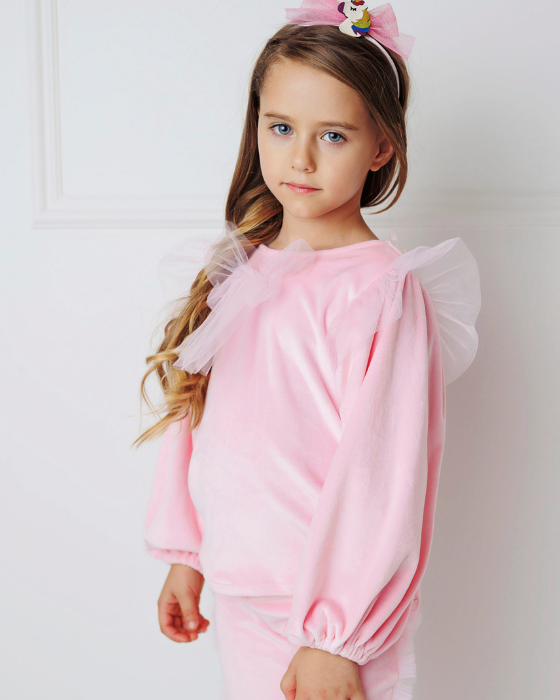 Bluzița Roz, de Catifea de Craciun cu Mânecă Bufantă