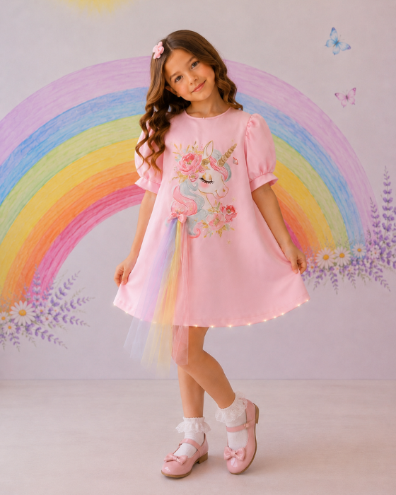 Rochița Unicorn cu tulle Curcubeu si Luminite