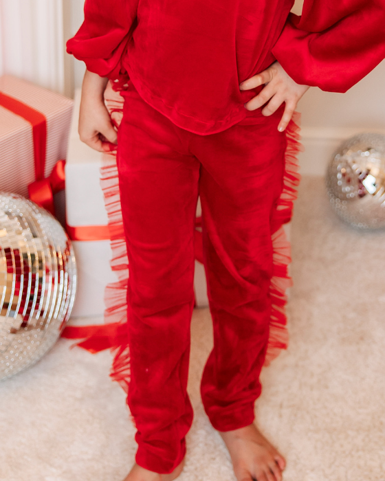 Velvet Tights with Tulle Ruffle, Red 