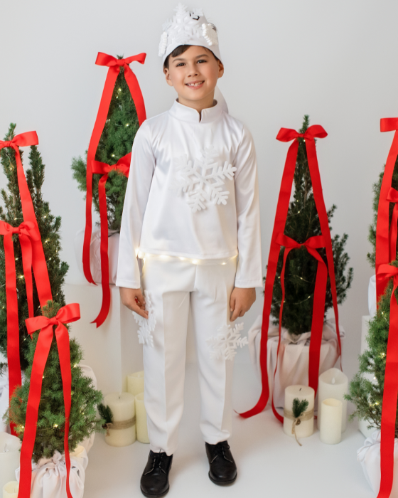 Costum 3 Piese, Alb, fulg de nea, pantaloni + bluza + coroana