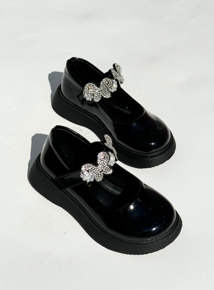 Pantofiori Negri cu Fluturași și Pietricele