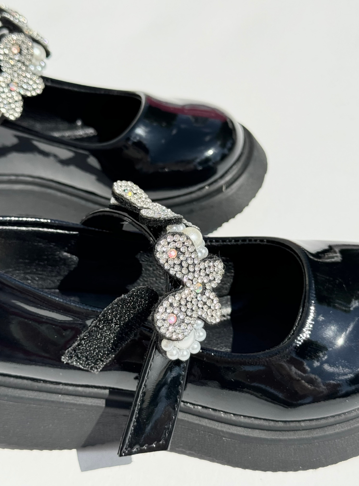 Pantofiori Negri cu Fluturași și Pietricele