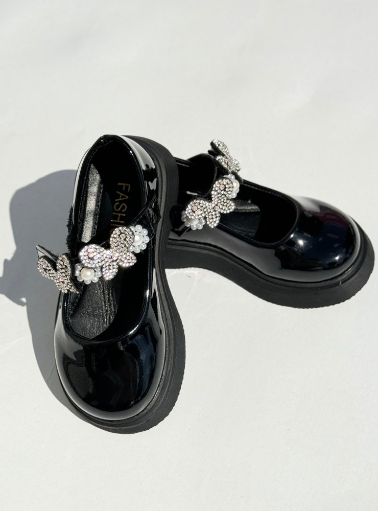 Pantofiori Negri cu Fluturași și Pietricele