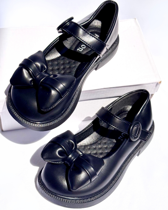 Pantofiori Negri cu Fundiță pufoasă, De Școală