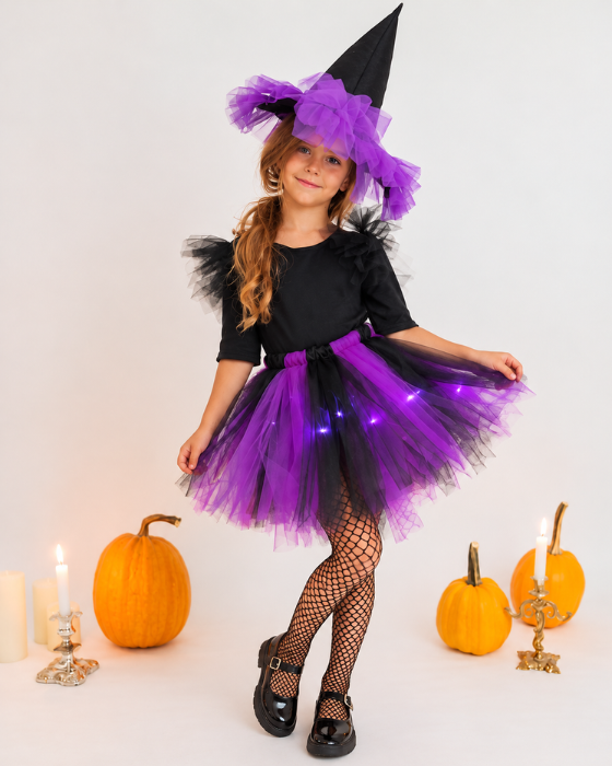Costum de Vrajitoare Mov, 3 Piese, pentru fetițe Halloween