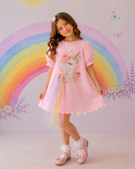 Rochița Unicorn cu tulle Curcubeu si Luminite
