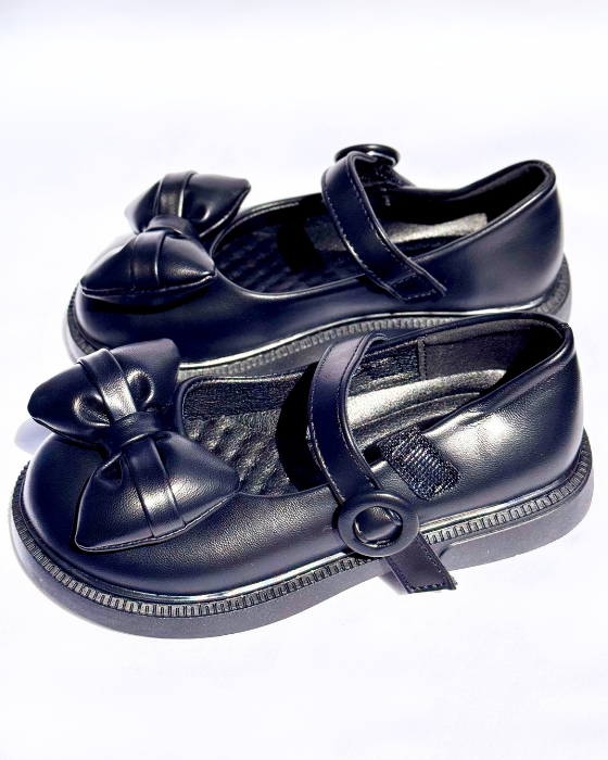 Pantofiori Negri cu Fundiță pufoasă, De Școală