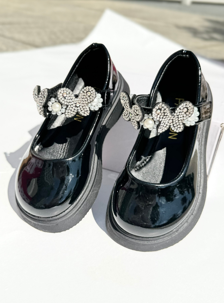 Pantofiori Negri cu Fluturași și Pietricele
