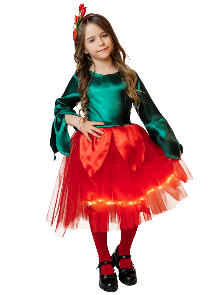 Rochița cu Luminițe Floare Roșie (Bujor/ Lalea, Trandafir), cu Trenă