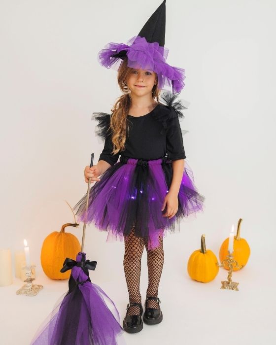 Costum de Halloween Vrajitoare Mov, 4 Piese, pentru fetițe