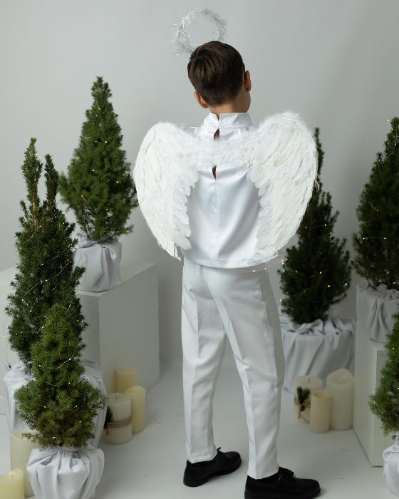 Costum Alb Baiat, Inger, 4 piese(bluza tunica, pantalon, aripi, aura)